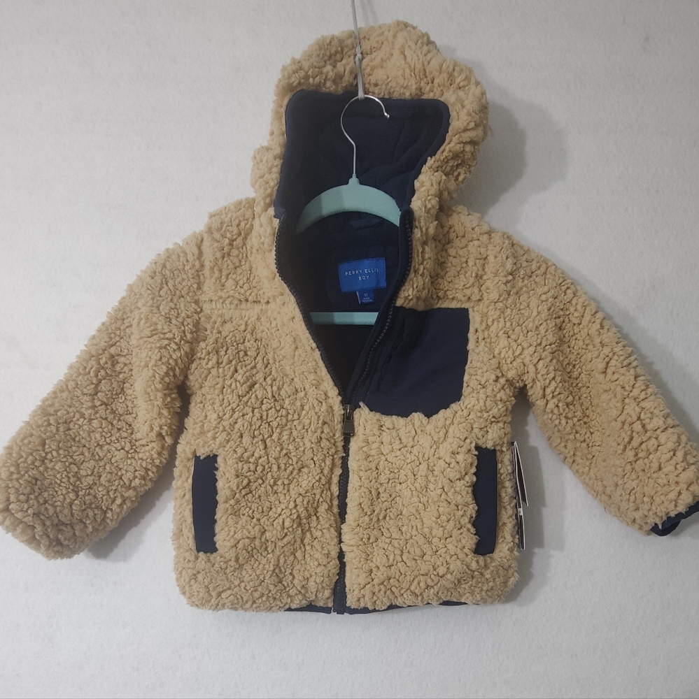 New! Boy Perry Ellis Supersoft & Comfy‎ Winter Sherpa Full Zip Tan And Blue 3T